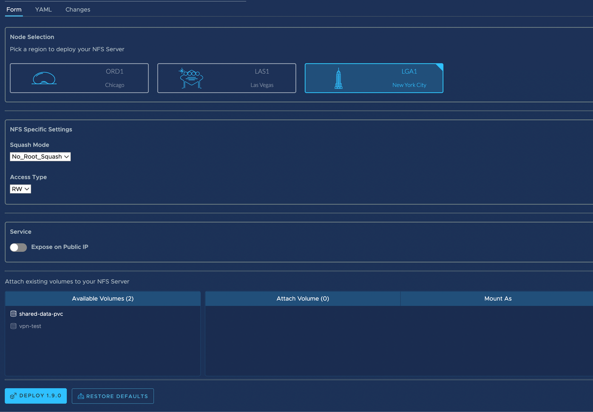 The NFS configuration screen